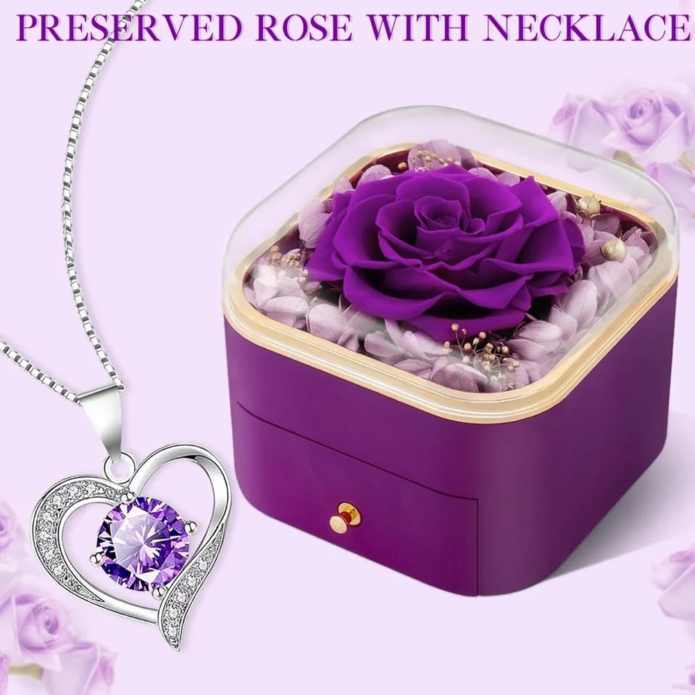 Rose Gold Heart Necklace with Real Purple Rose - Picture 4 of 4